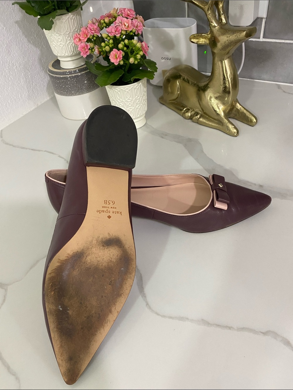 kate spade Pointed-Toe Bow Flats in Burgundy with Blush Trim - Picture 4 of 4